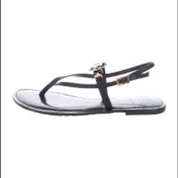 Tory Burch Ali Thong Sandals Black Patent Leather Gold Logo Size 9 - Picture 5 of 5